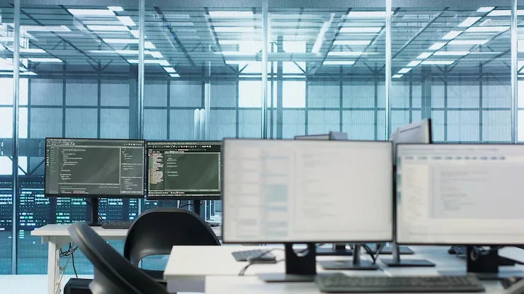 Monitors showing code and server scripts inside a data center