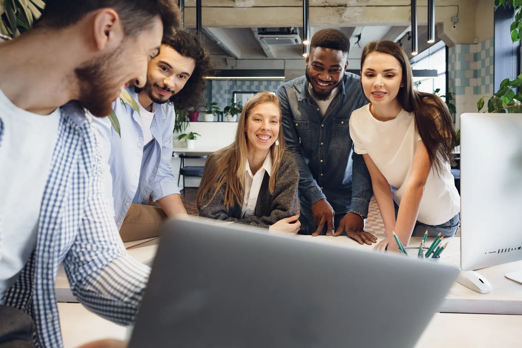 A small business team working together in an office
