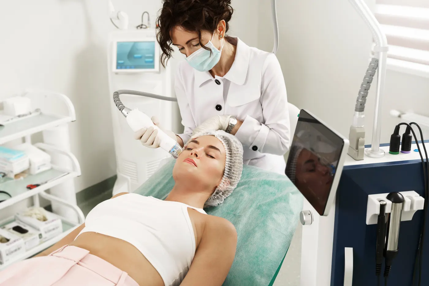 A practitioner giving a client a skin treatment in an aesthetic clinic