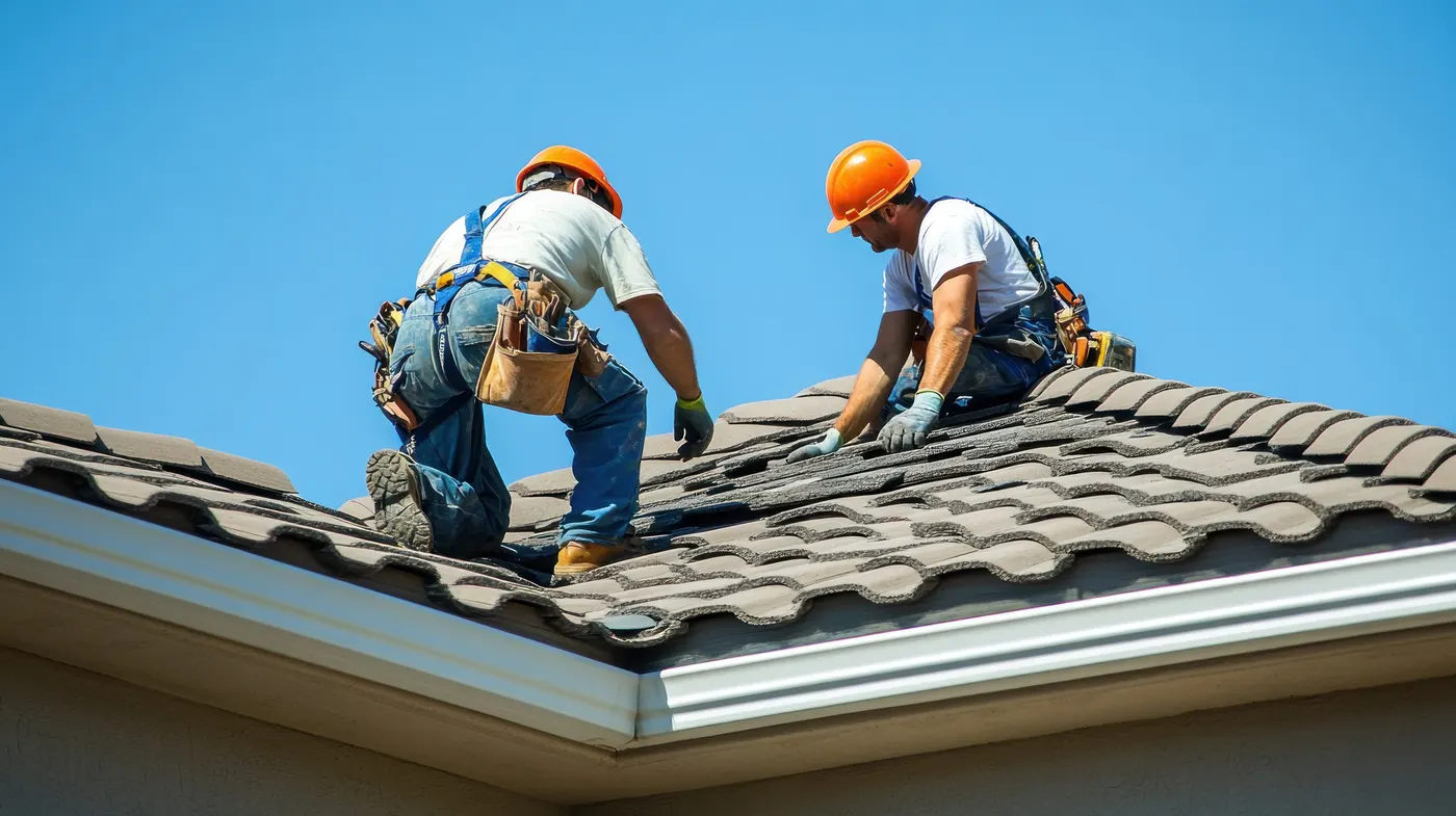 Two roofers in orange hard hats installing new tiles on a house roof